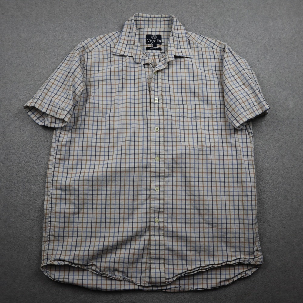 Viyella Button Down Shirt Mens Large Short Sleeve Plaid Blue Tan Cotton Casual